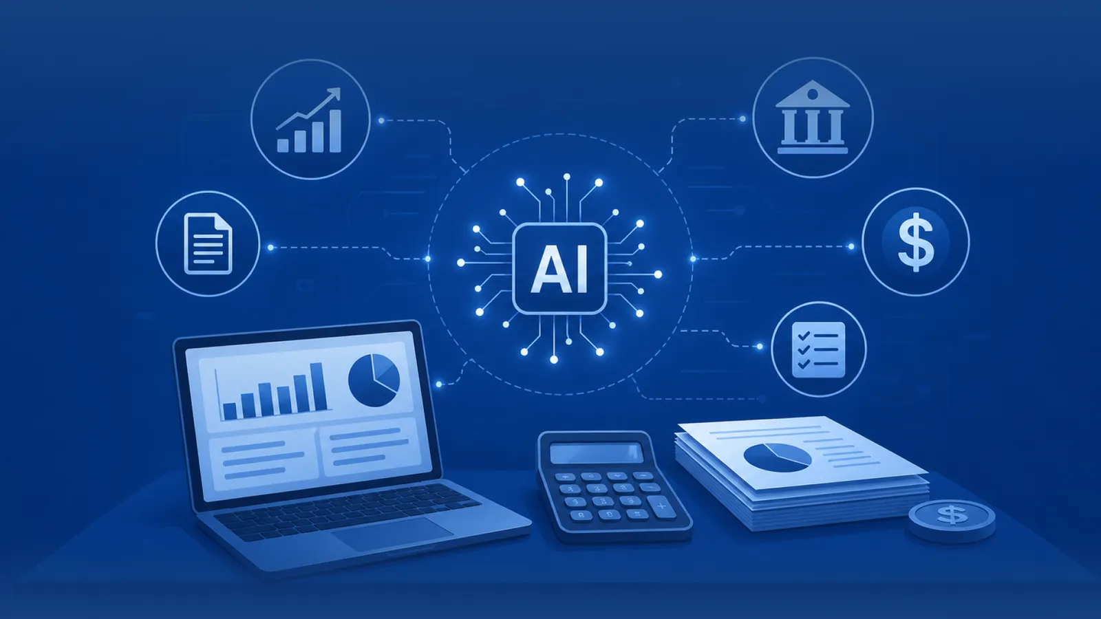 Illustration of an AI chip connected to finance icons - charts, bank, dollar sign, documents, and a laptop dashboard with a calculator - symbolizing AI reshaping finance and accounting operations.