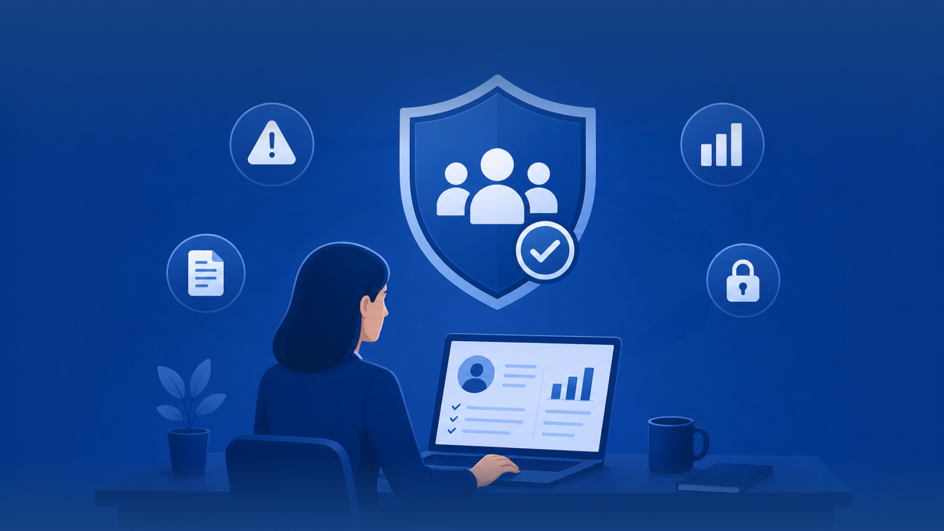 Illustration of an HR leader reviewing a workforce dashboard with shield, compliance, analytics, and security icons—symbolizing HR risk management powered by data.