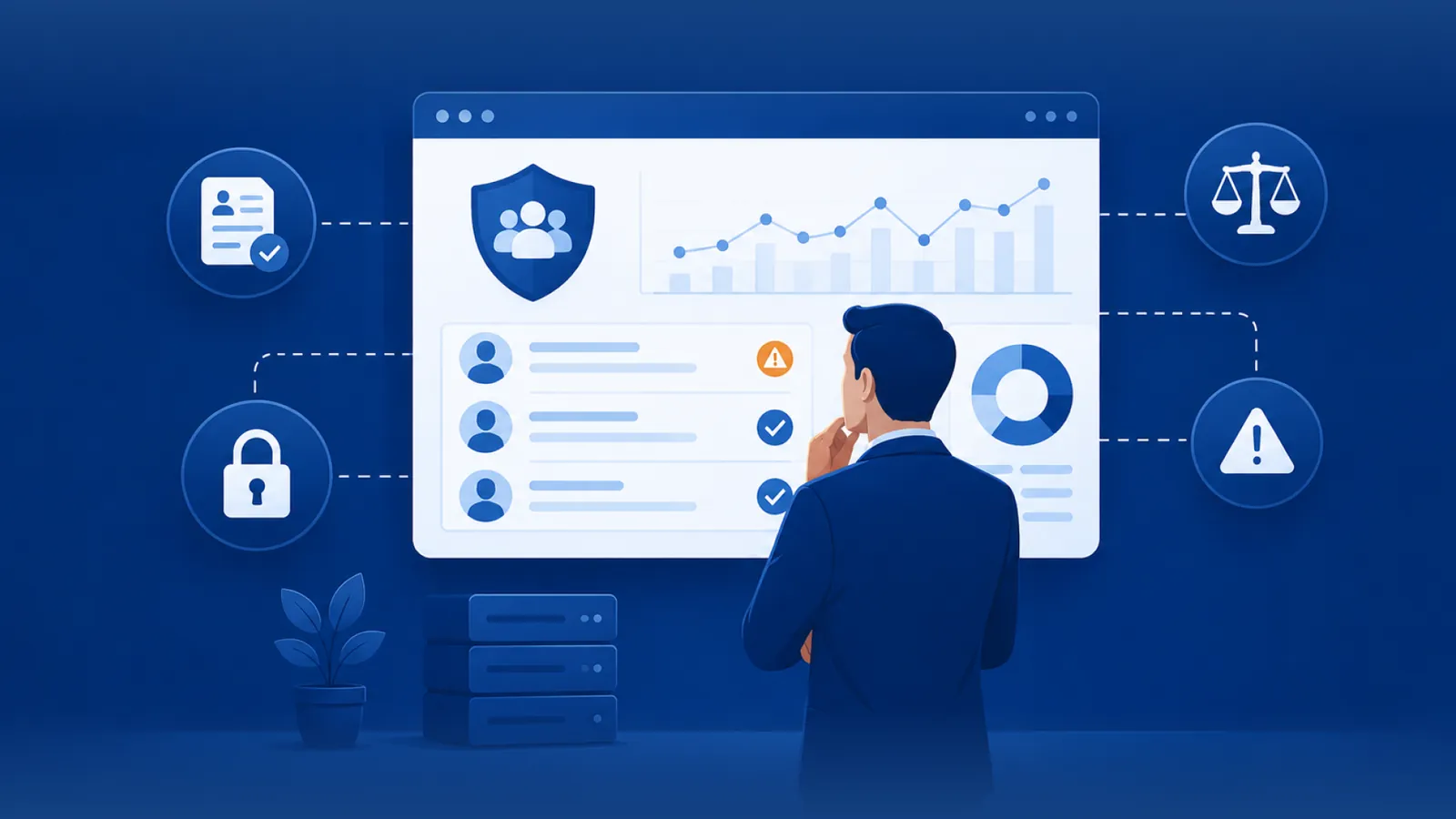 Illustration of an HR leader analyzing a workforce dashboard surrounded by icons for privacy, compliance, and risk - symbolizing the HR data dilemma and turning data chaos into clarity.