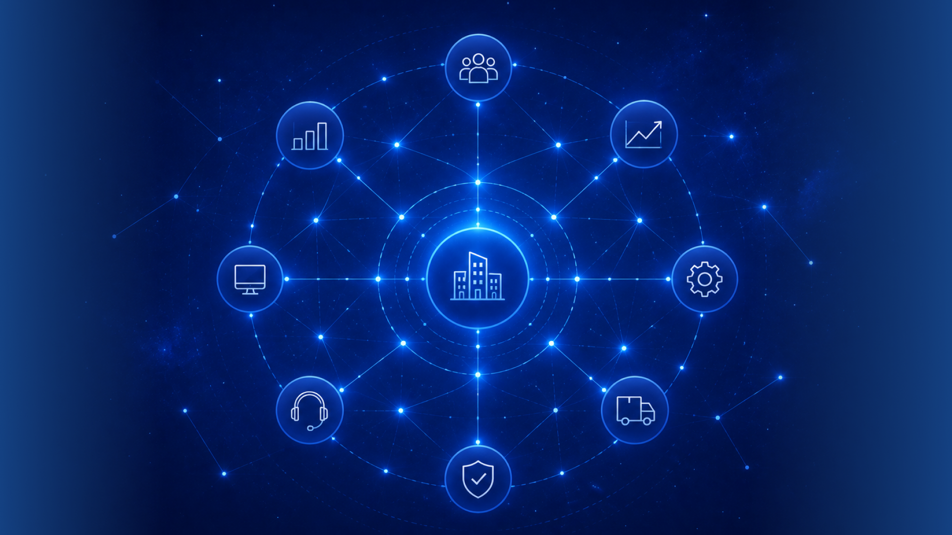 Illustration of a central enterprise node connected to functional systems—finance, HR, operations, sales, IT—forming a bright networked constellation on a deep blue background.