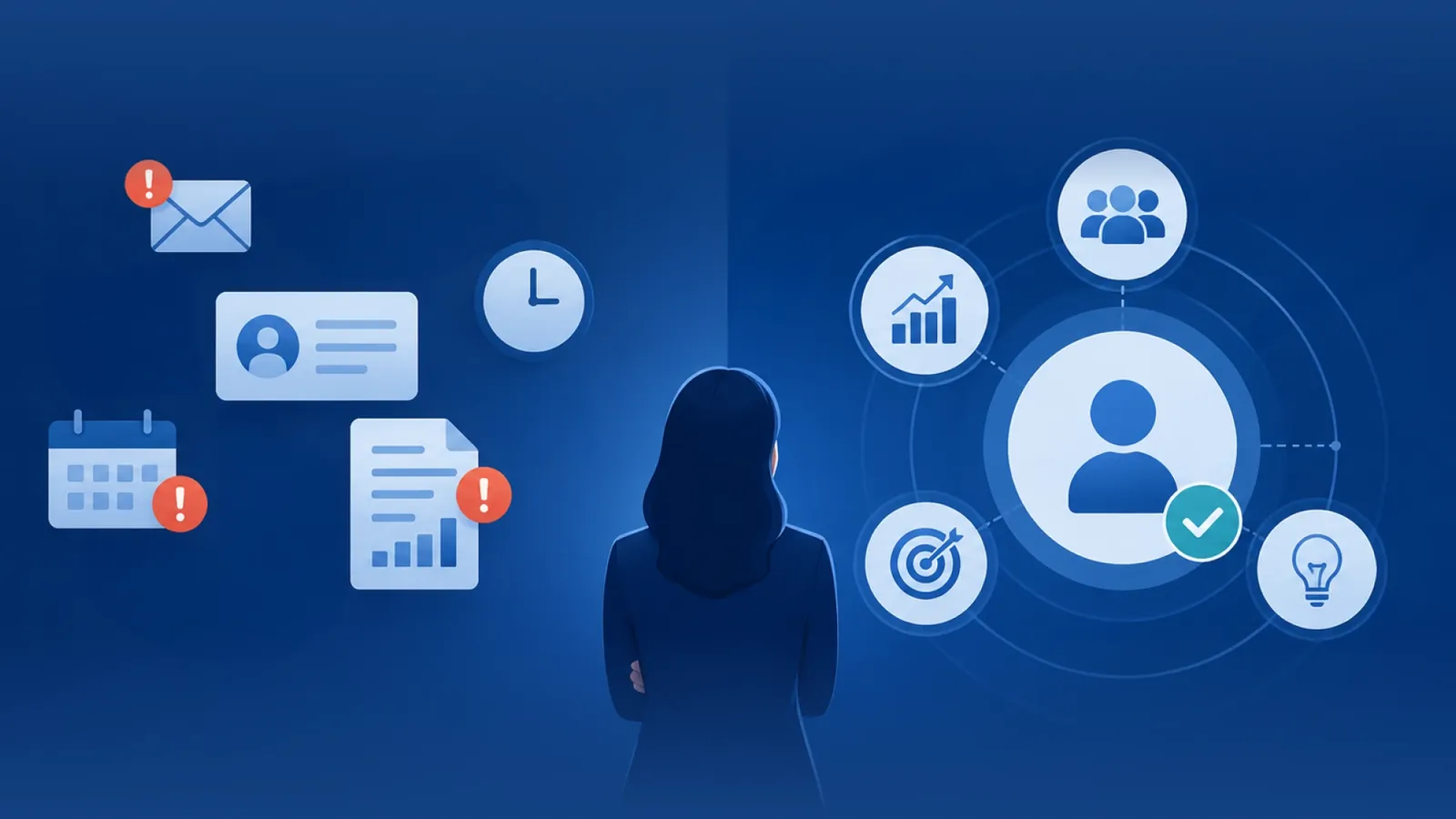 Split illustration of an HR leader - reactive side with alerts and clutter, proactive side with connected workforce insights - symbolizing the shift from reactive to proactive HR.