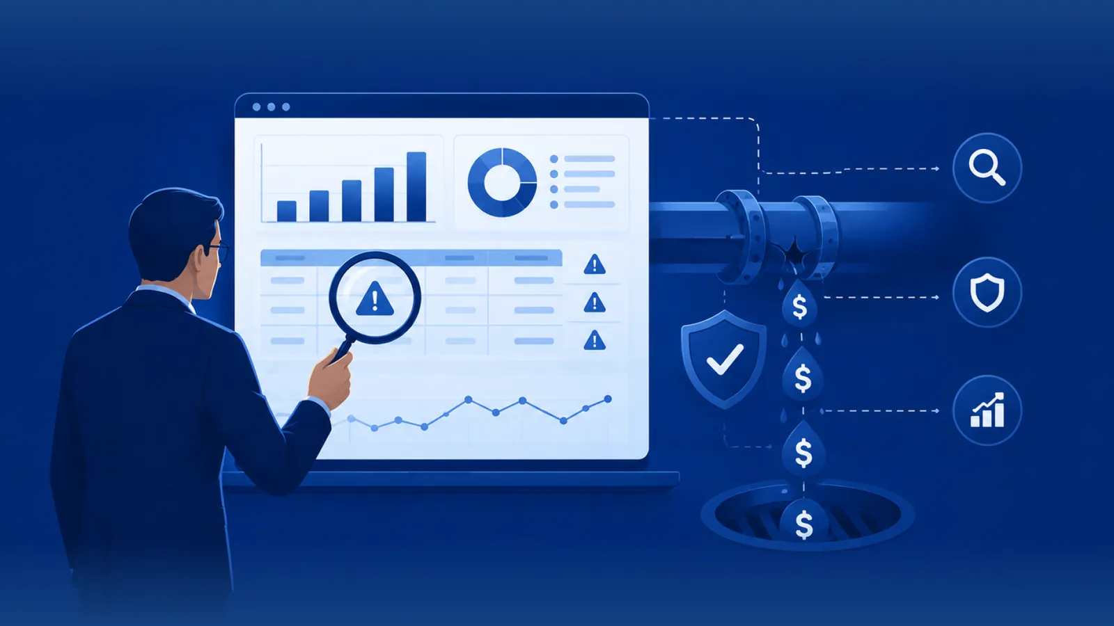 Illustration of a finance leader inspecting a dashboard with a magnifying glass while dollar drops leak from a pipeline into a drain - symbolizing detecting and preventing financial leakage.