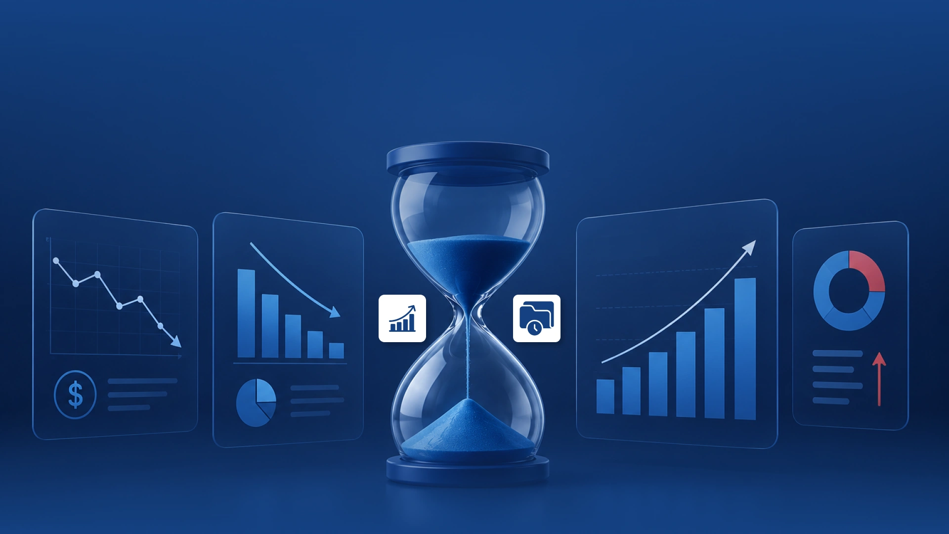 Hourglass with blue sand flowing between glass dashboards showing declining and rising charts—symbolizing how the passage of time changes the value of business data.