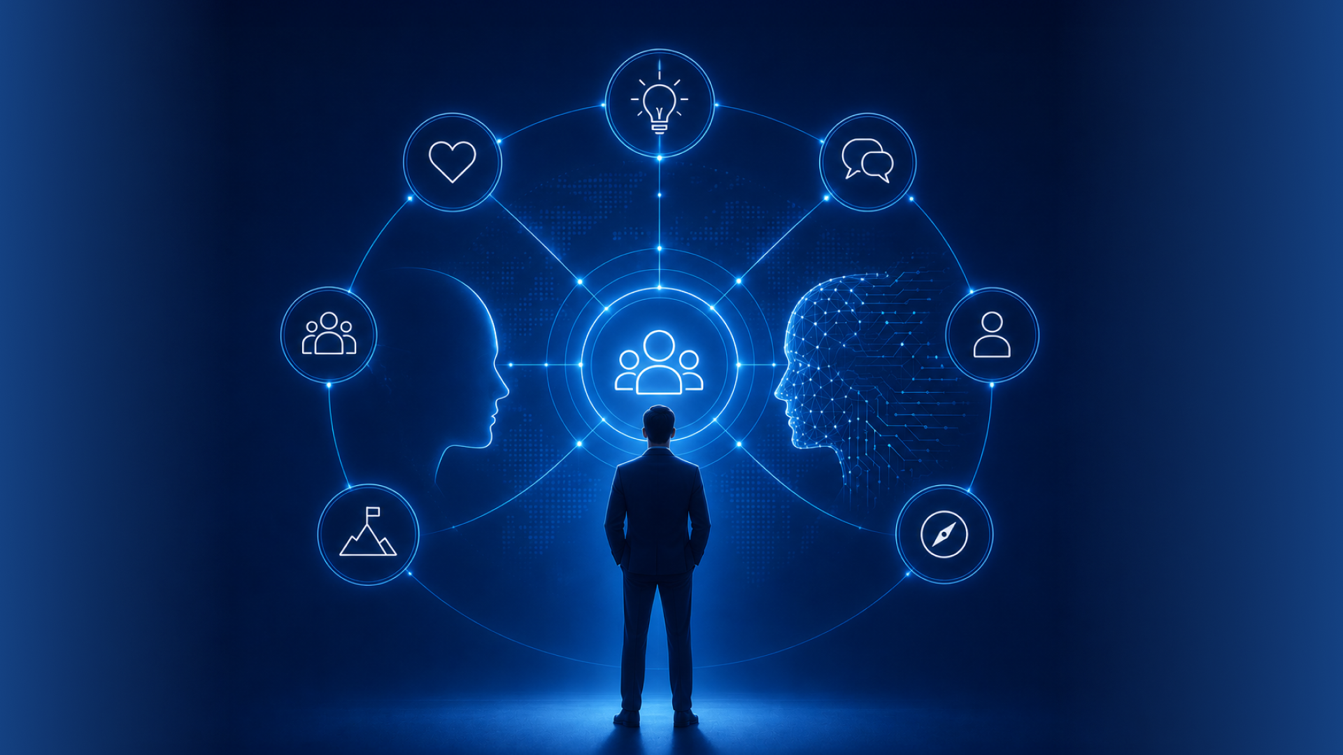 A business leader standing before a glowing blue network connecting a human profile and an AI profile, surrounded by icons representing empathy, ideas, communication, teams, purpose, and direction.