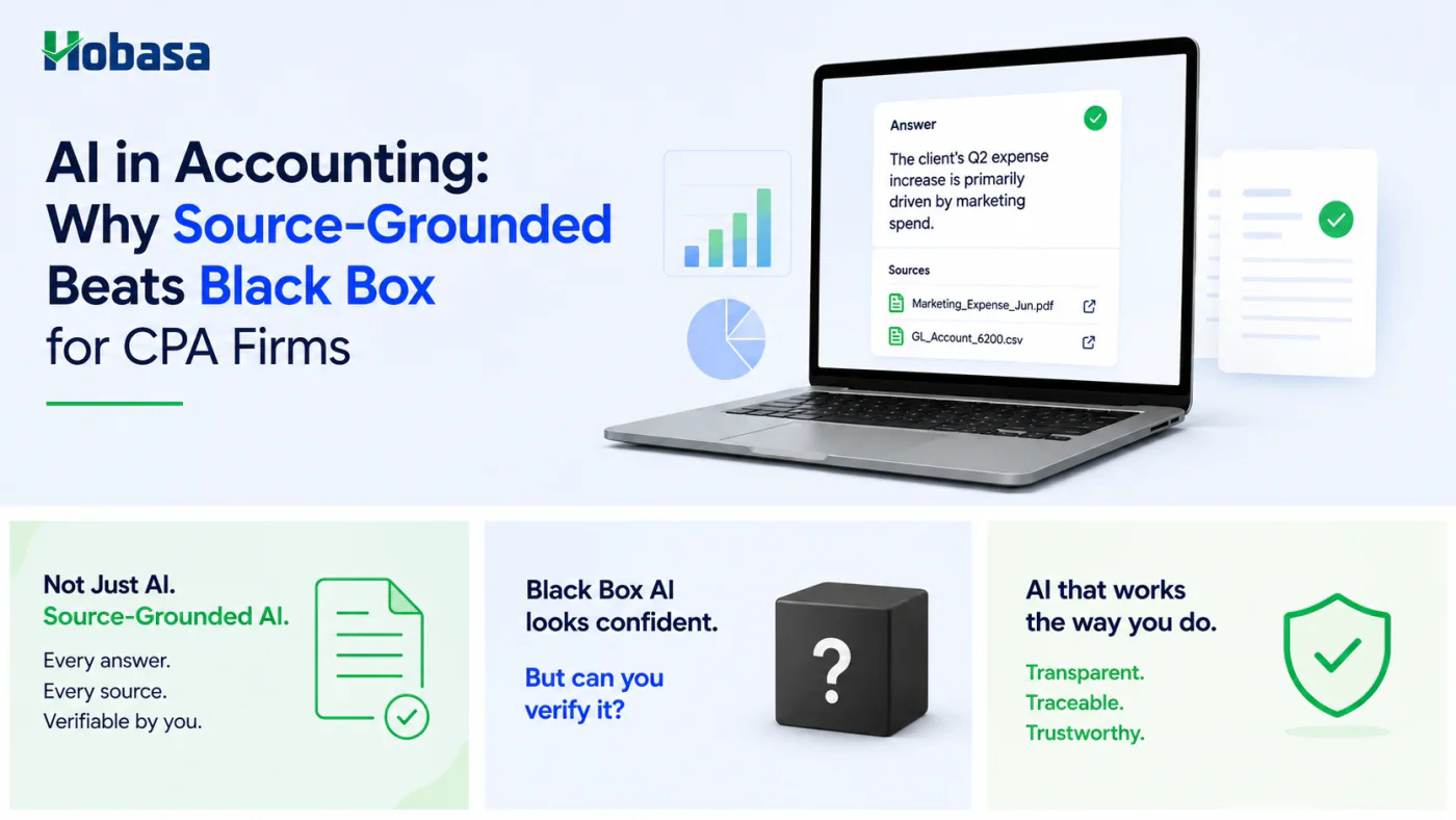 Illustration representing AI in accounting, source-grounded AI, black box AI, and CPA firm technology.