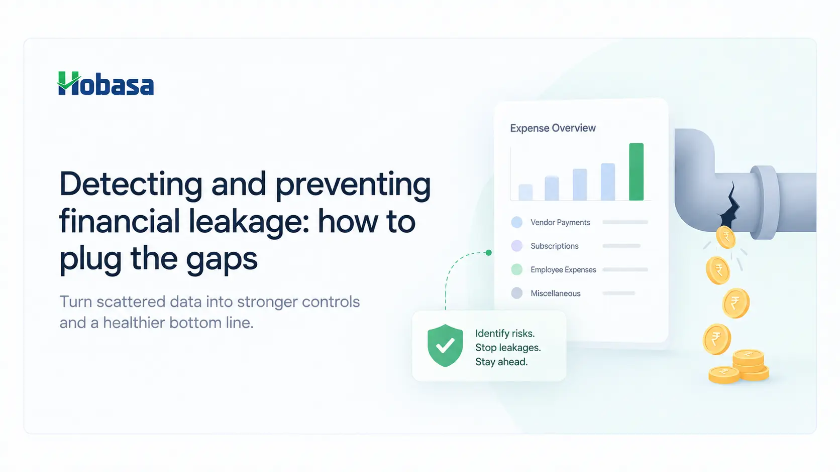 Illustration of a finance leader inspecting a dashboard with a magnifying glass while dollar drops leak from a pipeline into a drain - symbolizing detecting and preventing financial leakage.