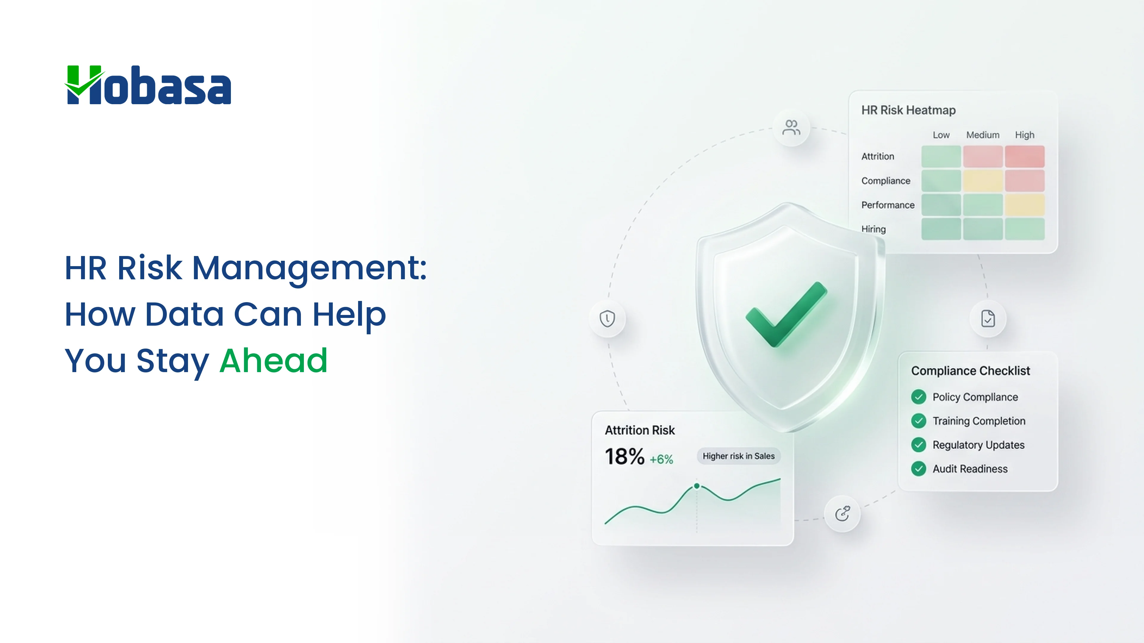 Illustration of an HR leader reviewing a workforce dashboard with shield, compliance, analytics, and security icons - symbolizing HR risk management powered by data.