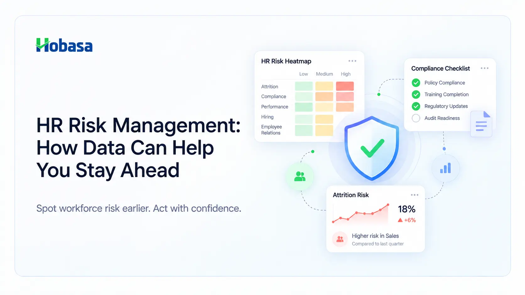 Illustration of an HR leader reviewing a workforce dashboard with shield, compliance, analytics, and security icons - symbolizing HR risk management powered by data.