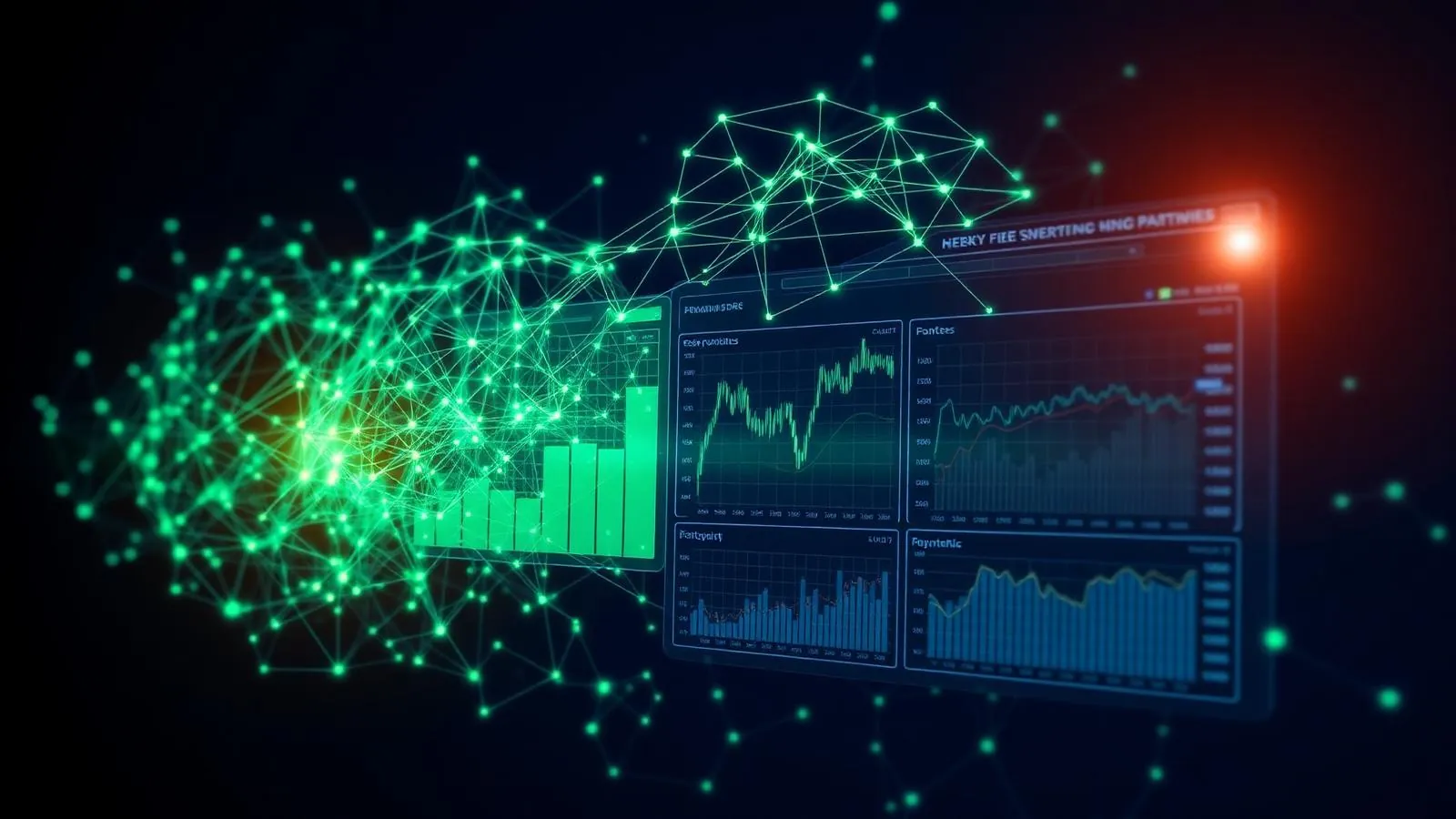 Emerald neural network mesh feeding into financial analytics dashboards, representing AI-powered portfolio intelligence.