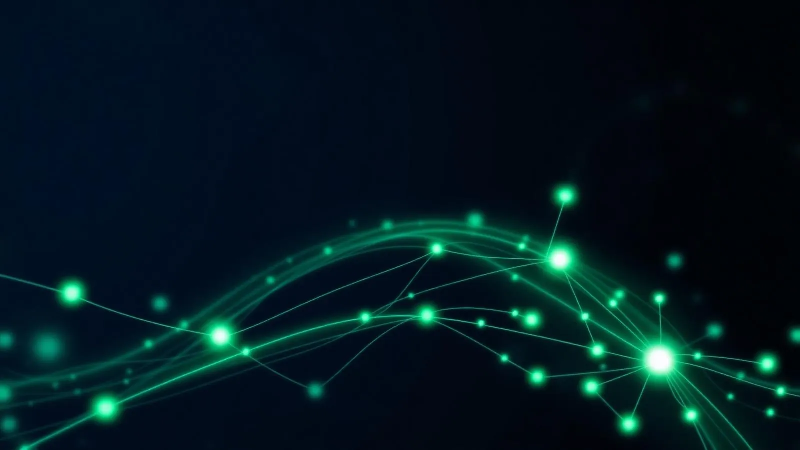 Abstract dark navy visualization of financial data streams connecting glowing emerald nodes, representing private equity portfolio intelligence.