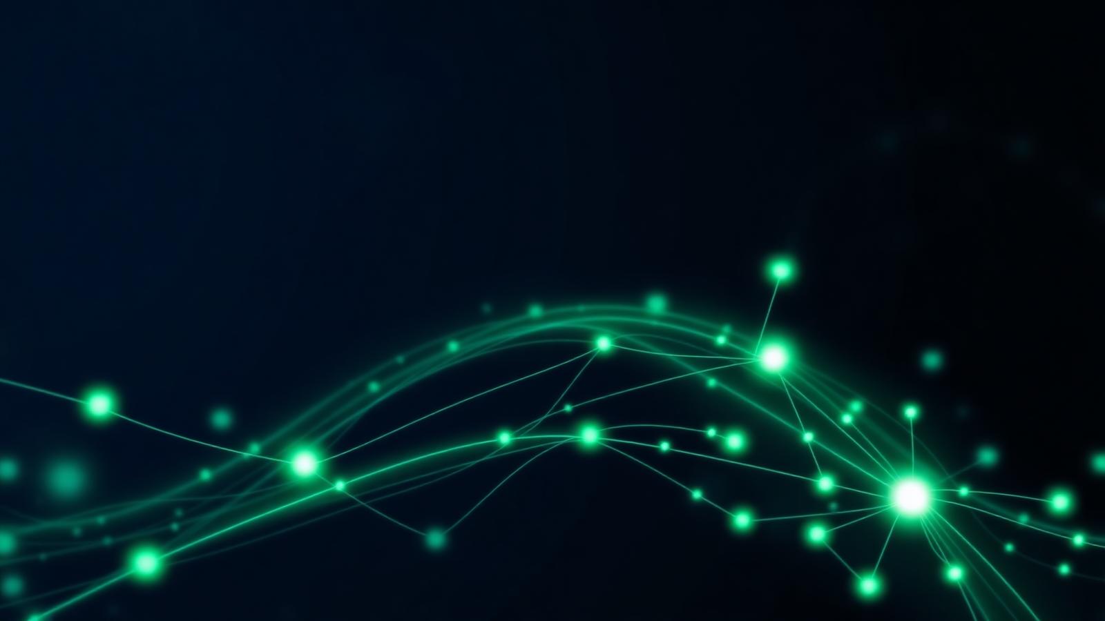 Abstract dark navy visualization of financial data streams connecting glowing emerald nodes, representing private equity portfolio intelligence.