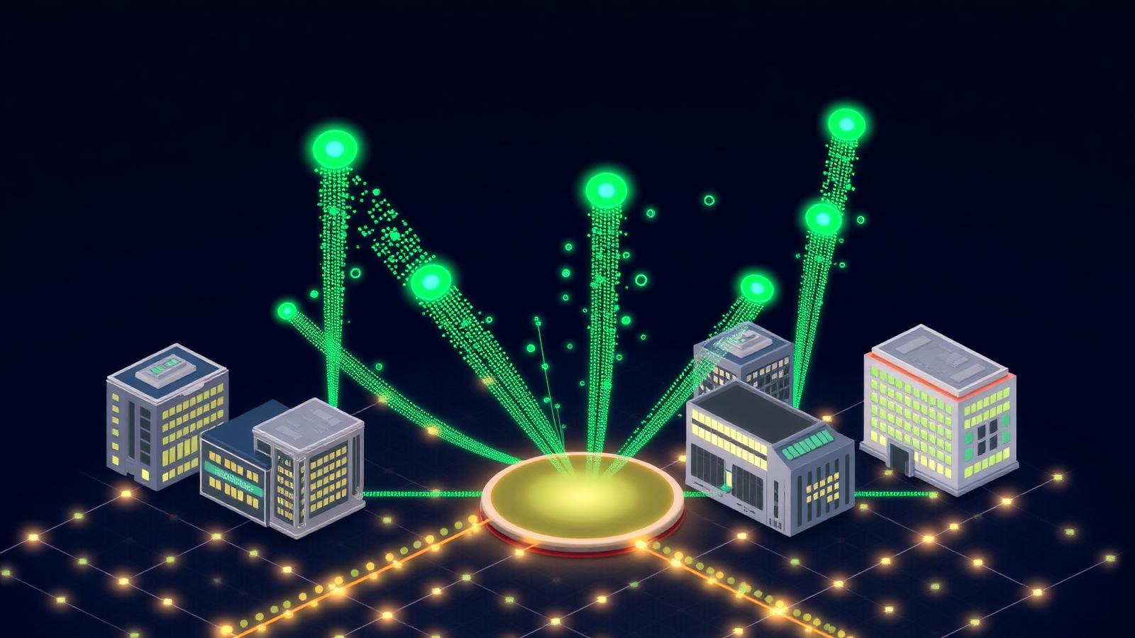 Isometric illustration of multiple portfolio companies streaming financial and operational data into a central connected network.