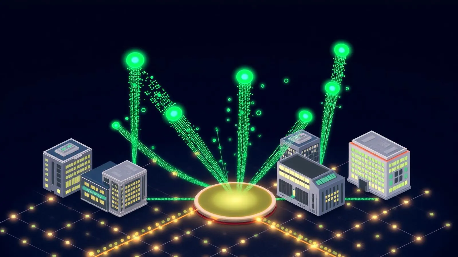 Isometric illustration of multiple portfolio companies streaming financial and operational data into a central connected network.