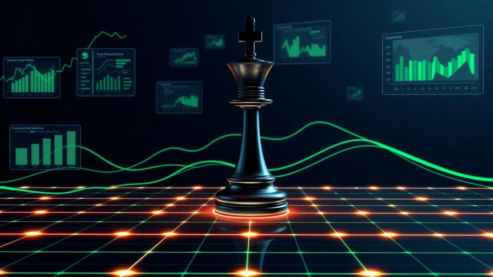 Dark navy chess king on a glowing grid surrounded by emerald financial dashboards, representing strategic private equity decision-making.