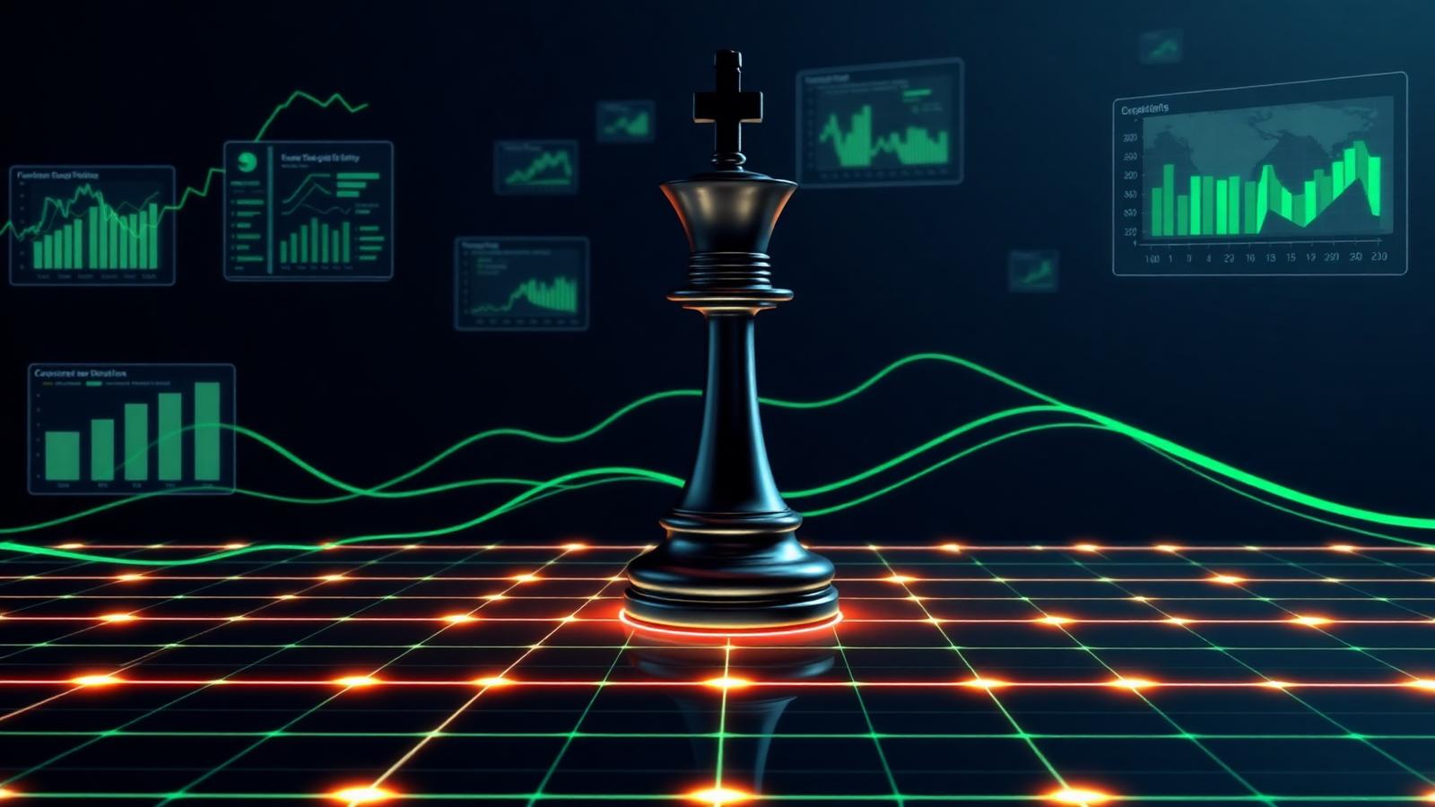 Dark navy chess king on a glowing grid surrounded by emerald financial dashboards, representing strategic private equity decision-making.
