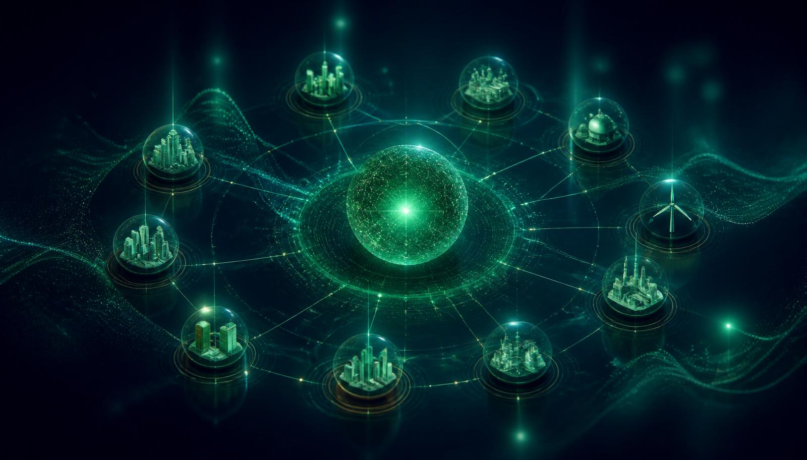 Abstract dark navy visualization of an emerald portfolio intelligence core connected to orbiting portfolio company nodes, representing AI-powered VC portfolio management.
