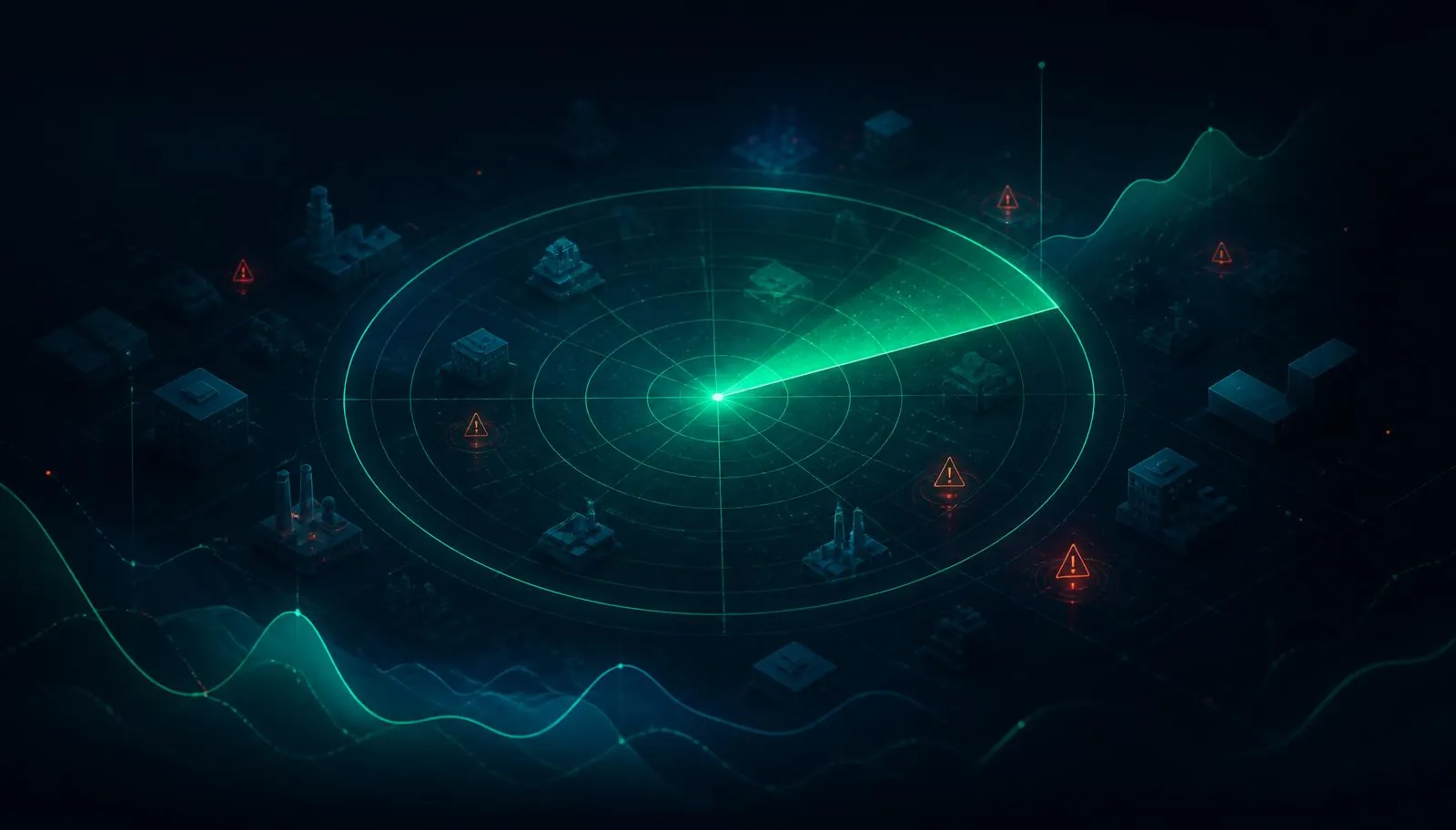 Abstract dark navy illustration of an emerald radar pulse revealing hidden risk signals across portfolio company silhouettes, representing AI-powered portfolio risk visibility.