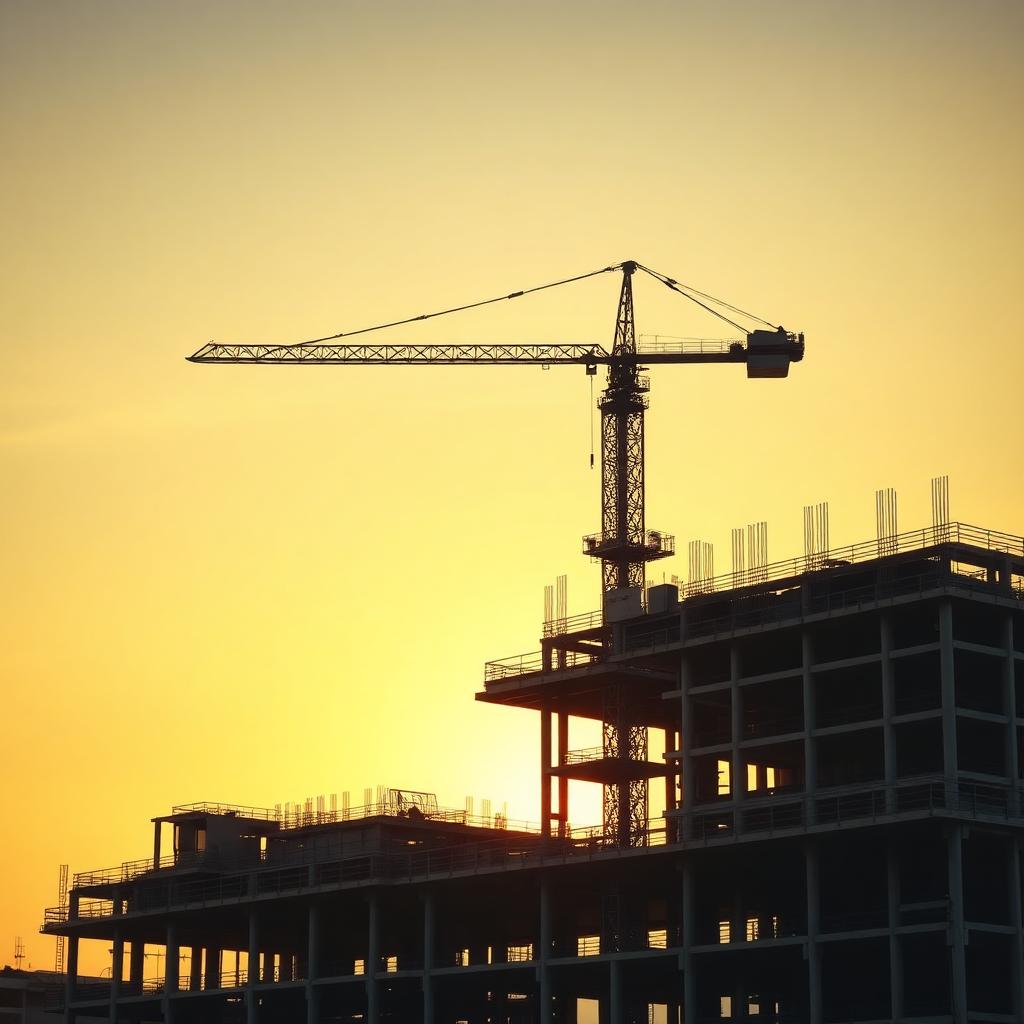 Construction site at golden hour with crane and steel structure