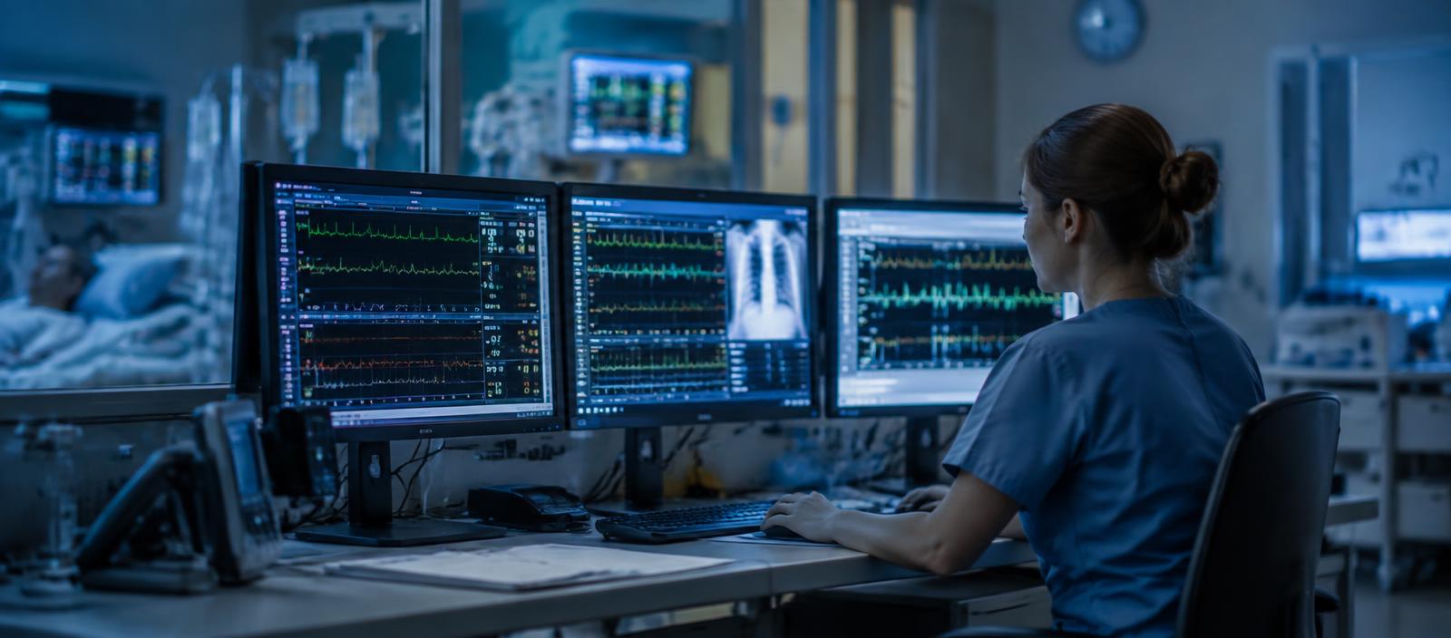 A clinician watching continuous patient monitoring screens