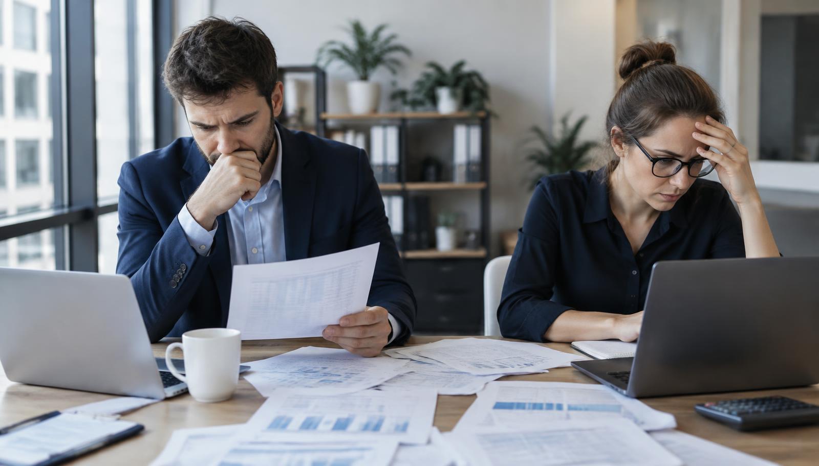 A finance team comparing payroll printouts and spreadsheets that do not agree