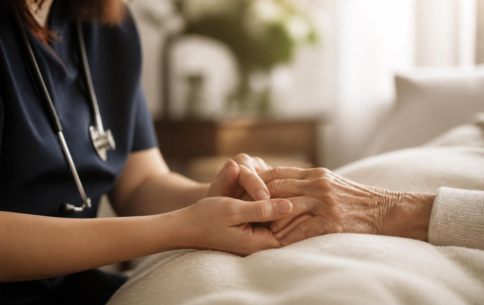 Hospice nurse holding the hand of an elderly patient