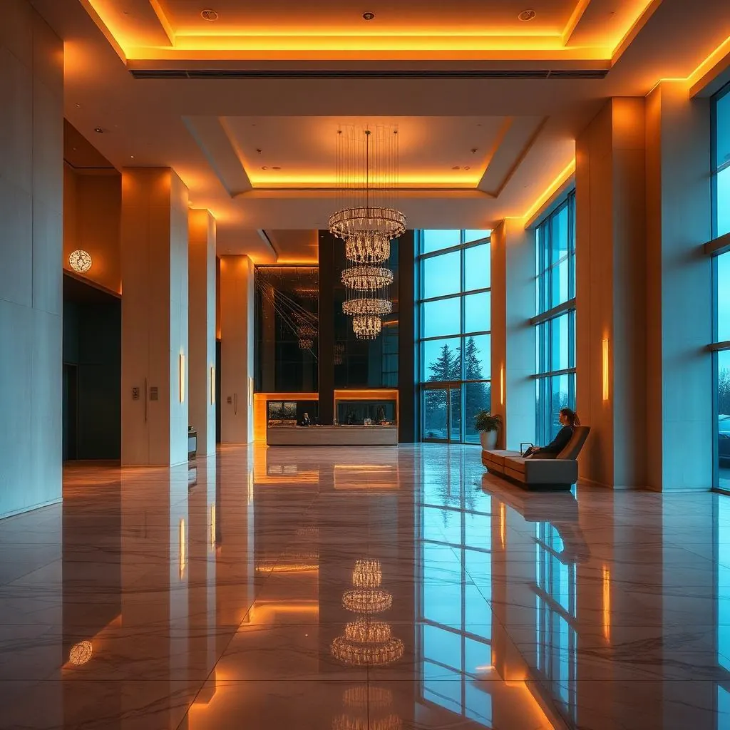 Modern hotel lobby at dusk