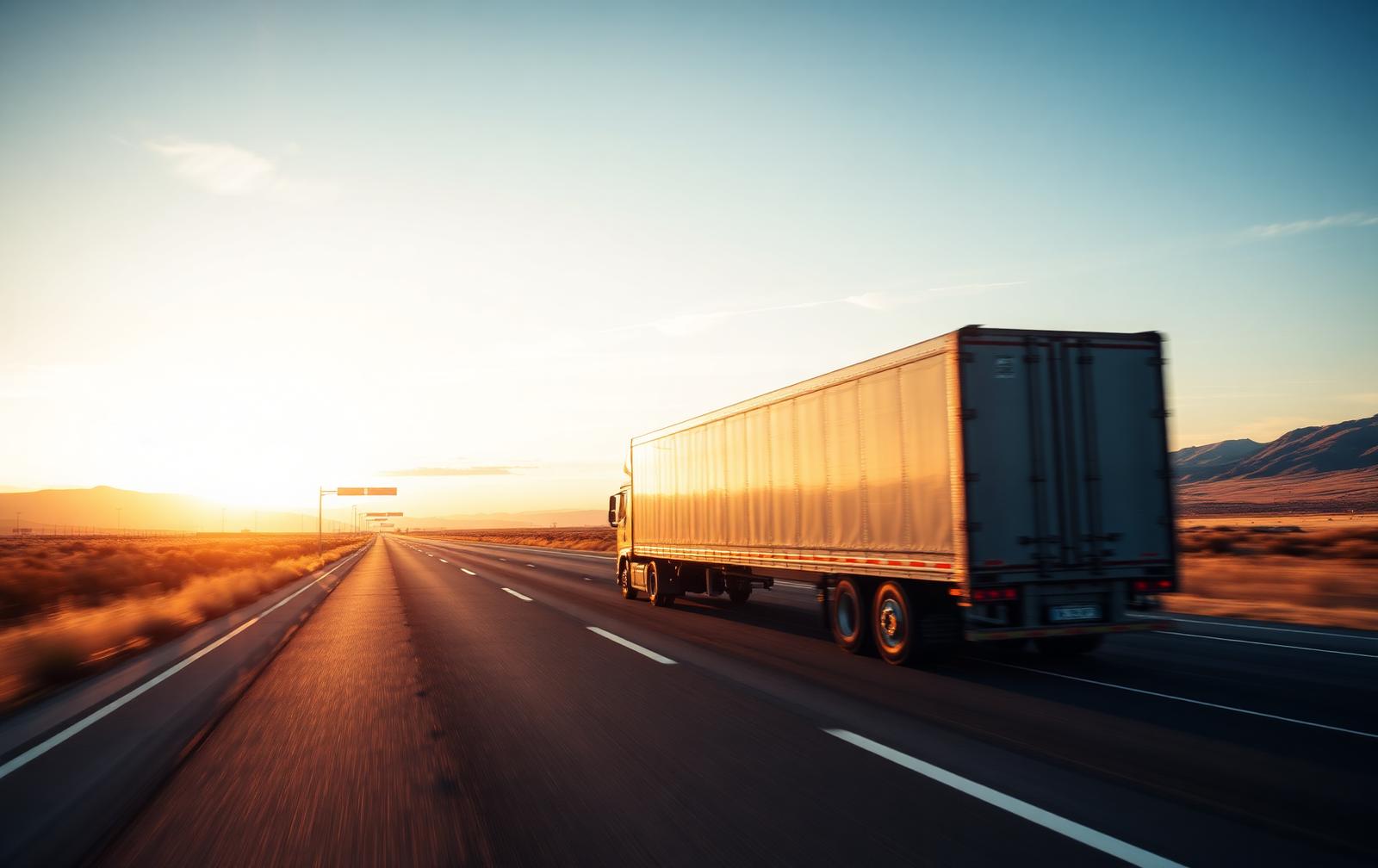 Long-haul freight truck on an open highway at golden hour